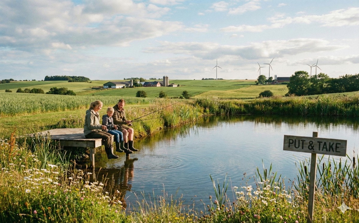 Vater mit zwei Kindern angelt vom Holzsteg am Put-and-Take-See, dänische Hügellandschaft mit Bauernhof und Windrädern im Hintergrund