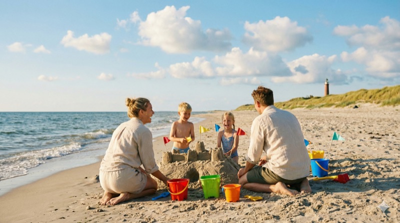 Familie beim Sandburgenbauen am Strand von Falster
