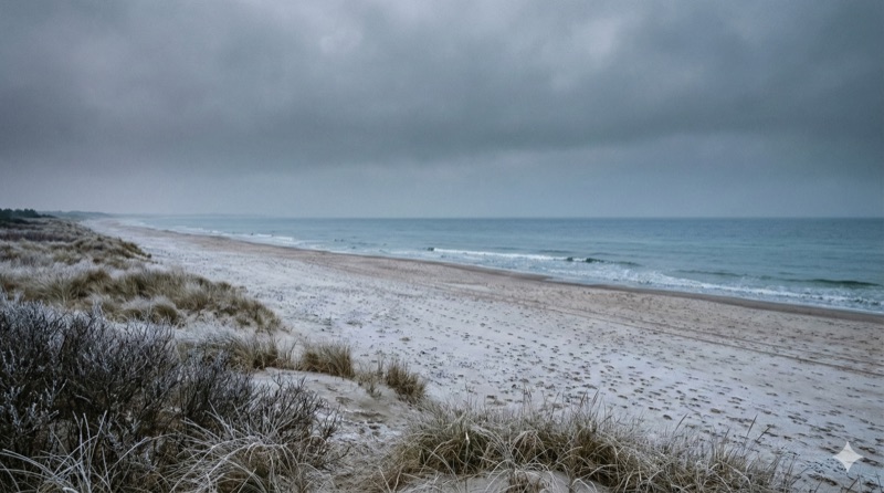 Winterstrand auf Falster mit frostigen Dünen
