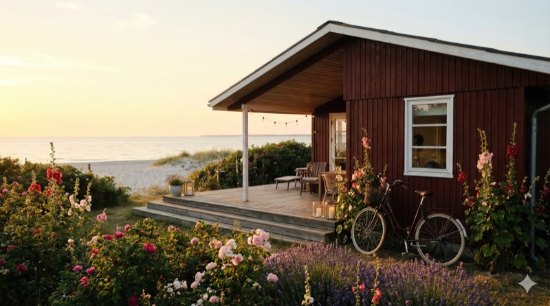 Typisches dänisches Ferienhaus mit Holzfassade und Terrasse im Kiefernwald hinter dem Strand von Marielyst