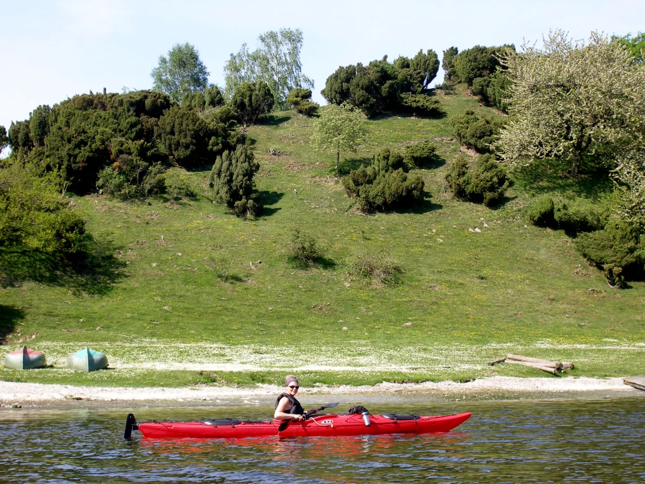 Seekajakfahrerin in einem roten Kajak vor dem grünen Hügel der Bramslev bakker am Mariager Fjord, Dänemark
