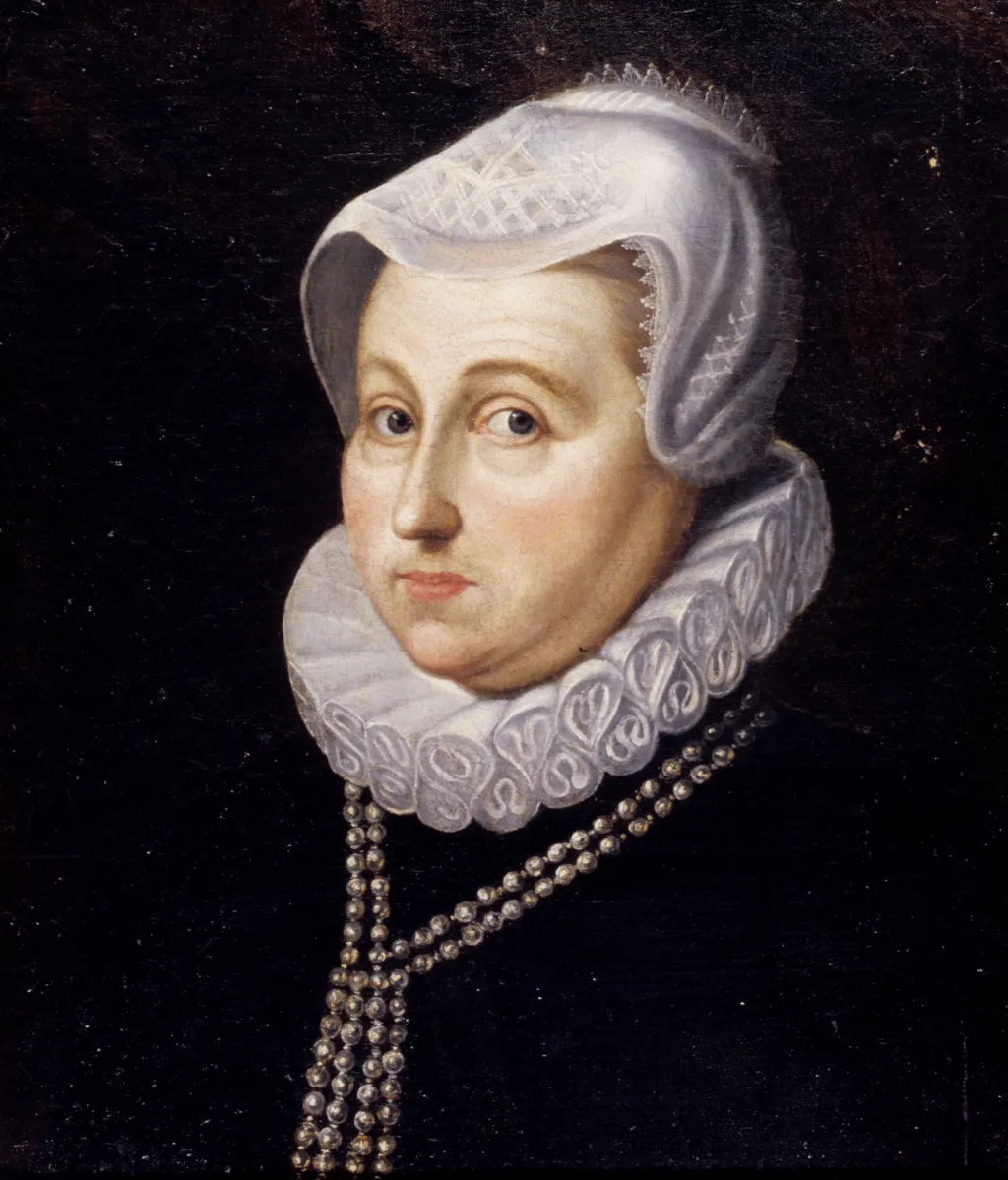 Gemaltes Porträt von Königin Sophie von Dänemark mit Spitzenhaube, Halskrause und Perlenketten